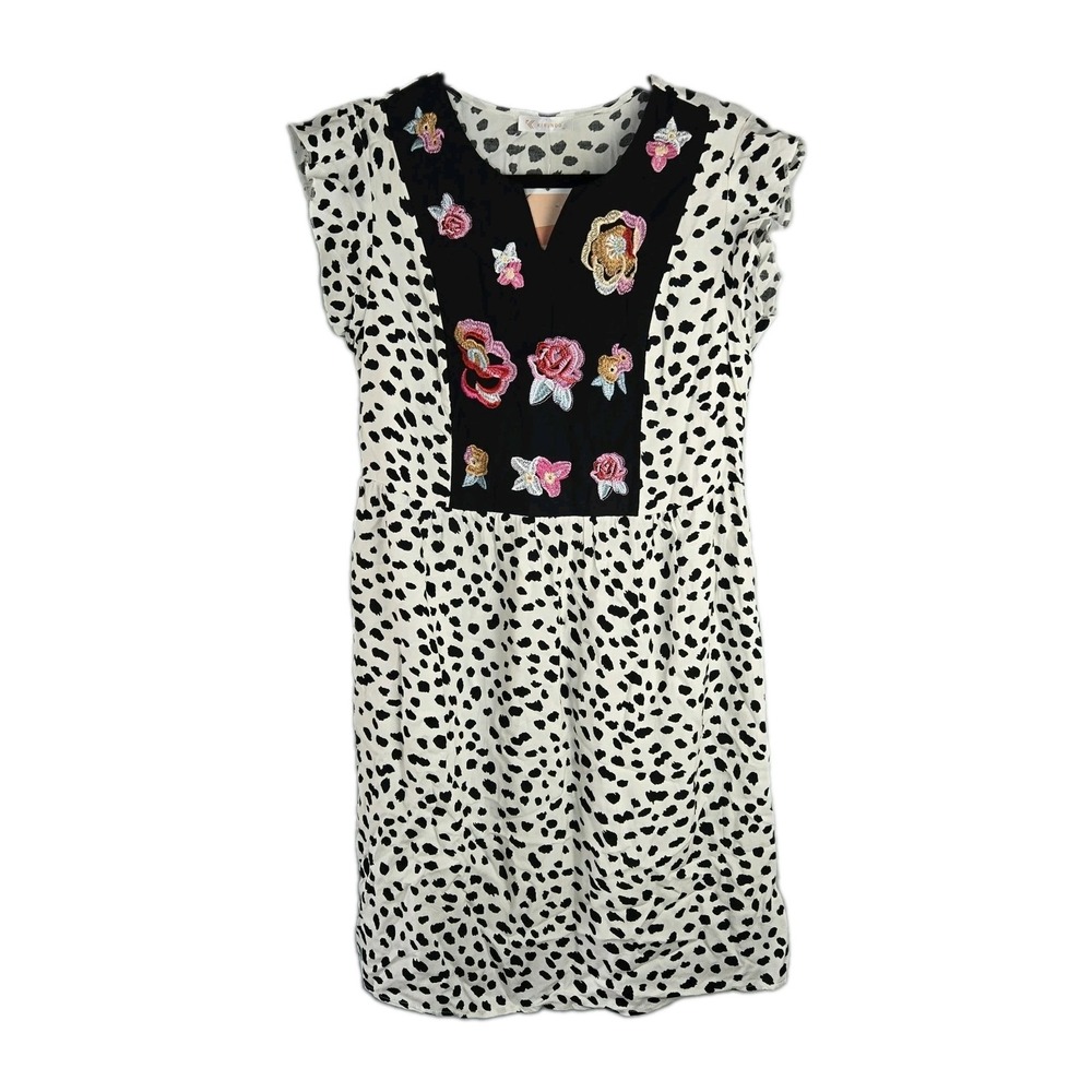 New Kirundo Black White Spots with Embroidered Flowers Dress Medium Lined Boho